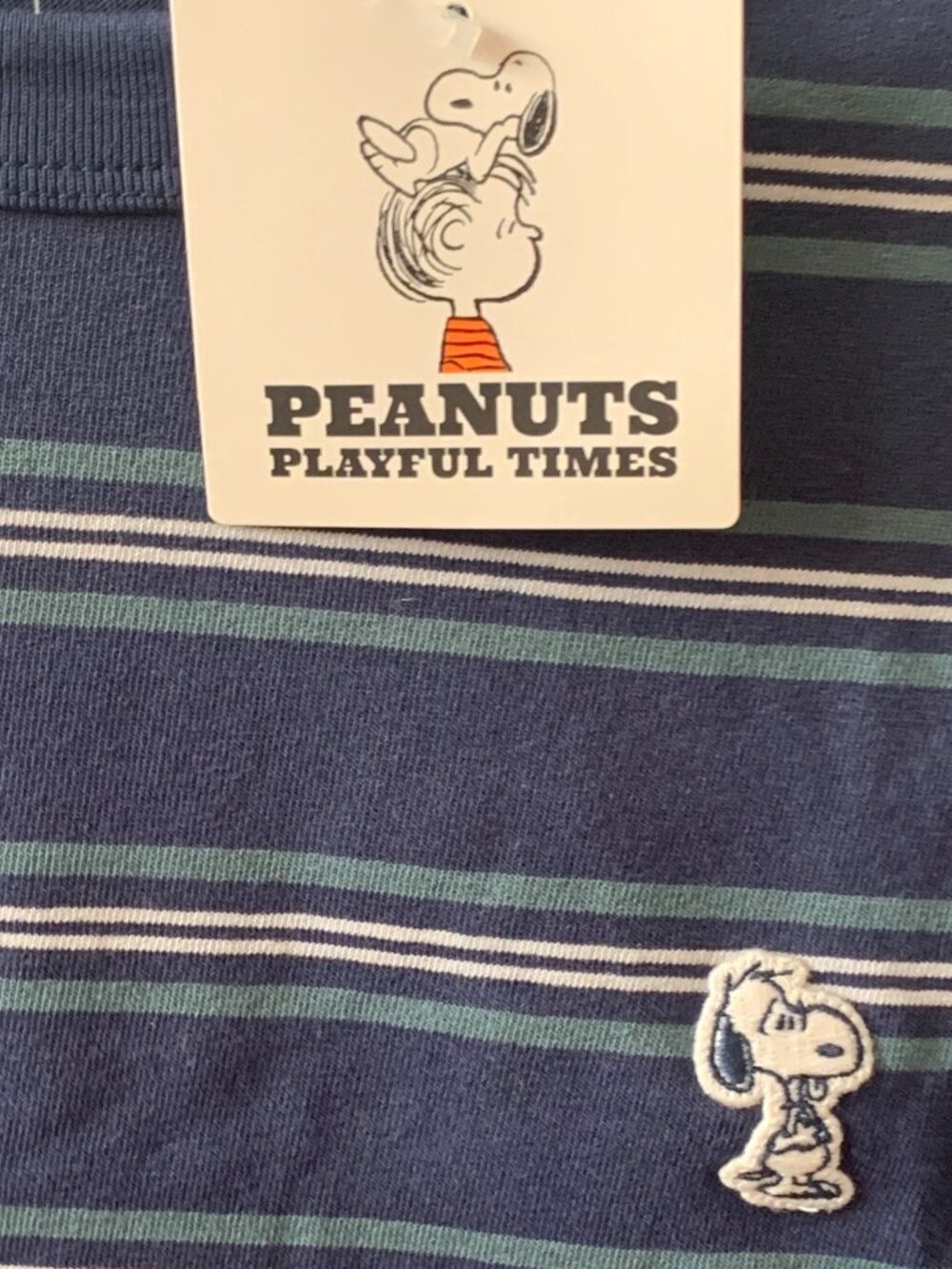 UNIQLO UT PEANUTS Snoopy Striped Playful Times Tee in Blue Sz LARGE - Picture 2 of 3